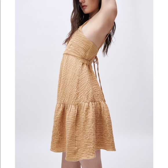 NWT Zara Short Tiered Dress XL Straw Tan Beige - Picture 3 of 5